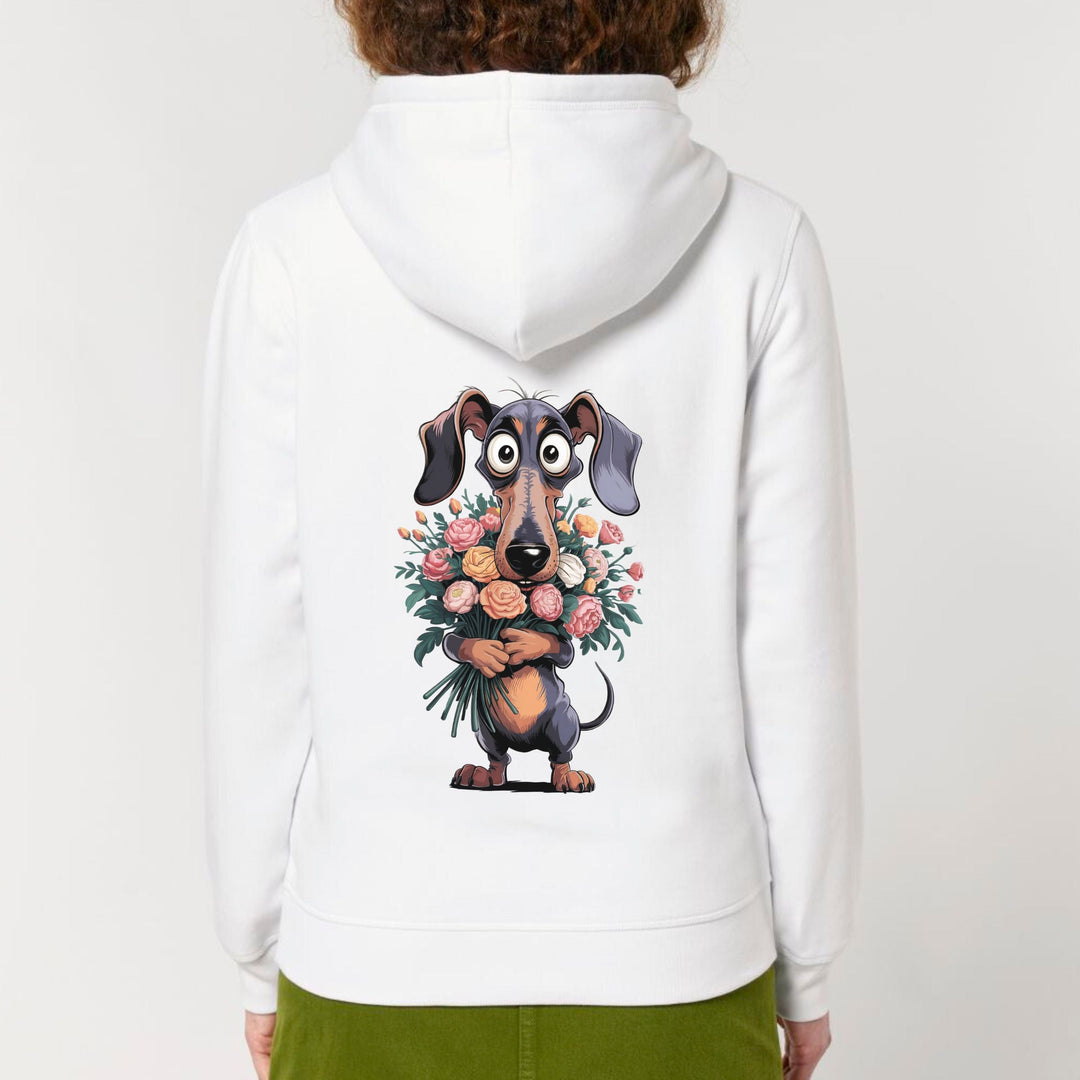 Dackelshirts Dackel mit Blumen (Kurzhaar) - Bio Unisex Hoodie White / XS