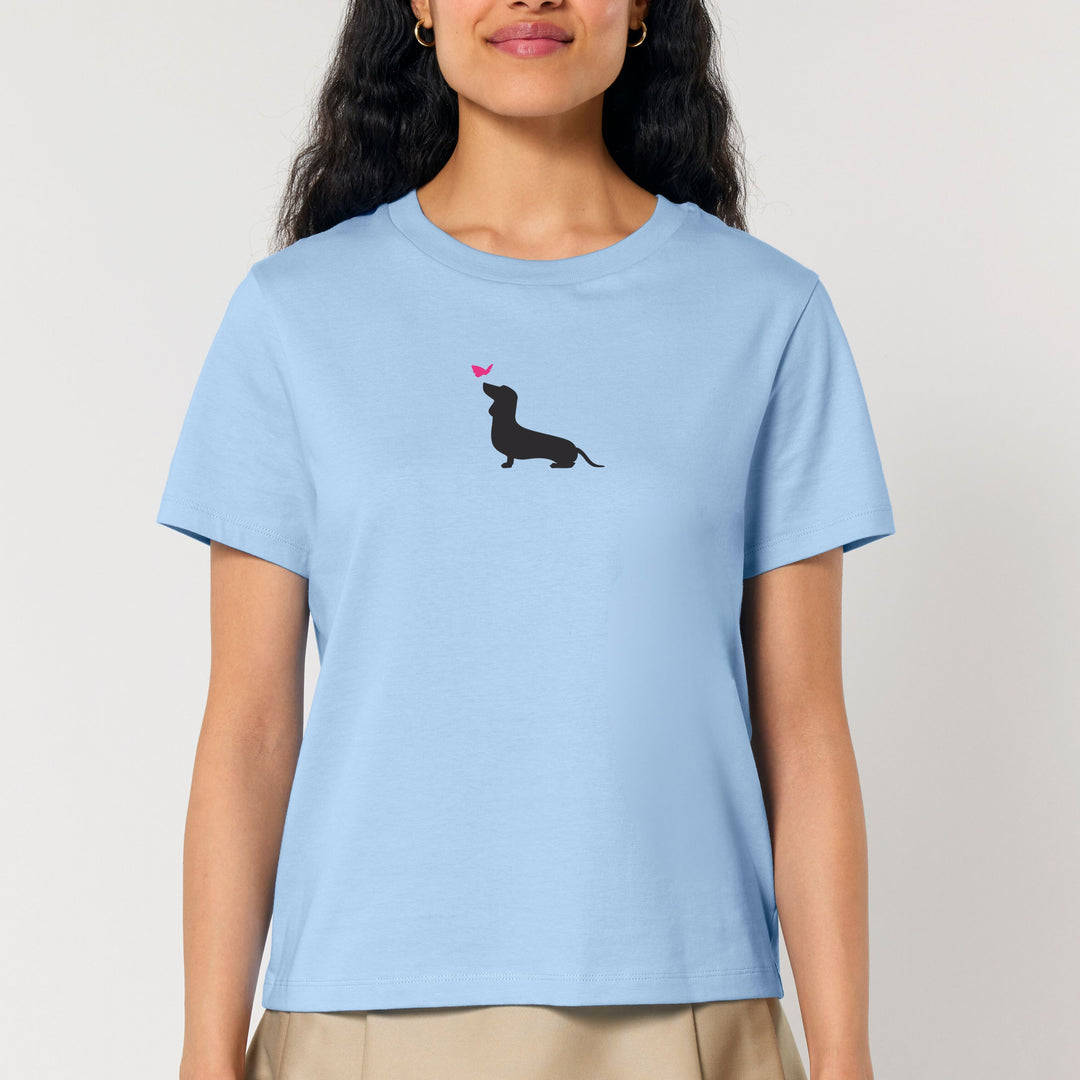 Dackel mit Schmetterling (Kurzhaar) - Bio Frauen T-Shirt