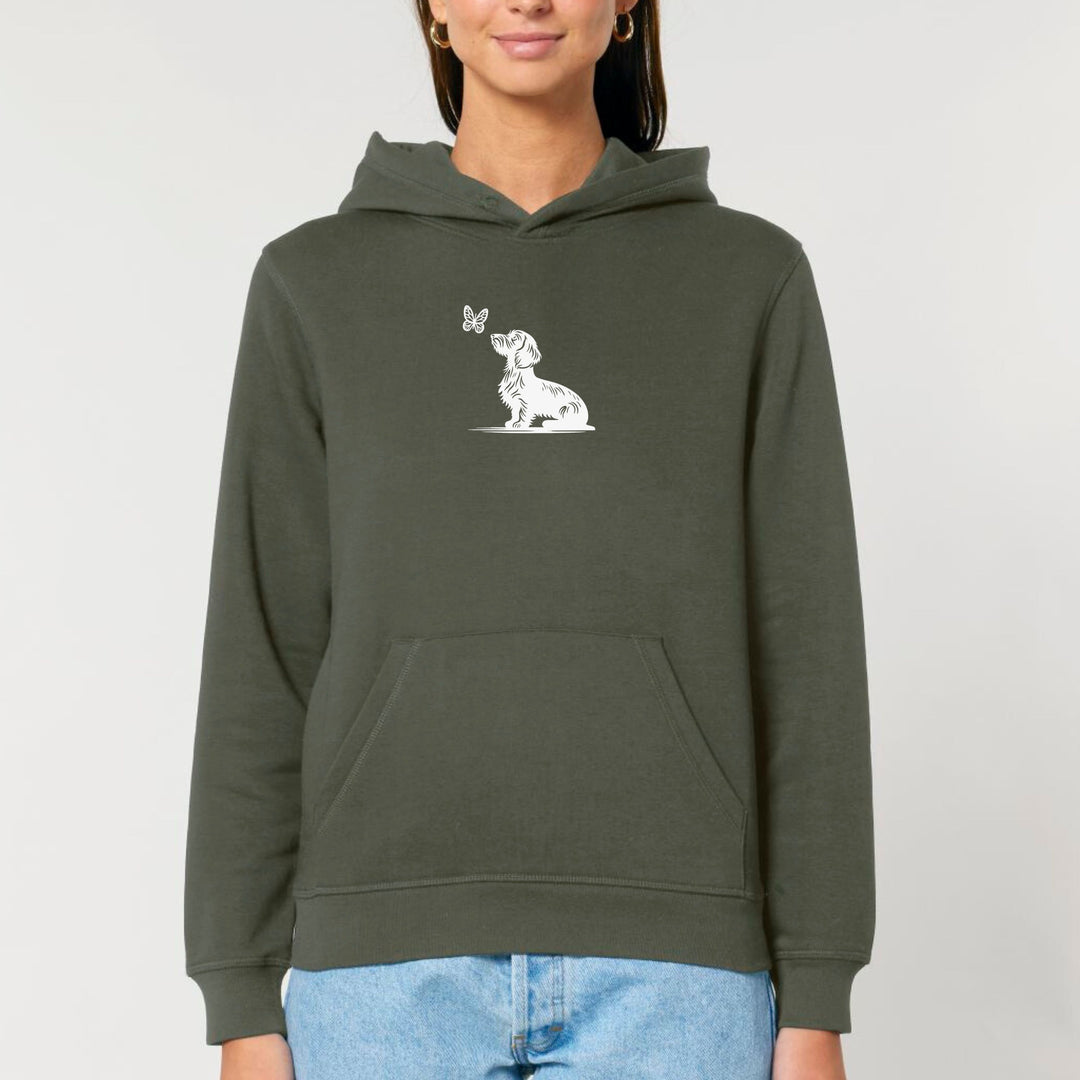 Dackel mit Schmetterling (Rauhaar) - Bio Unisex Hoodie