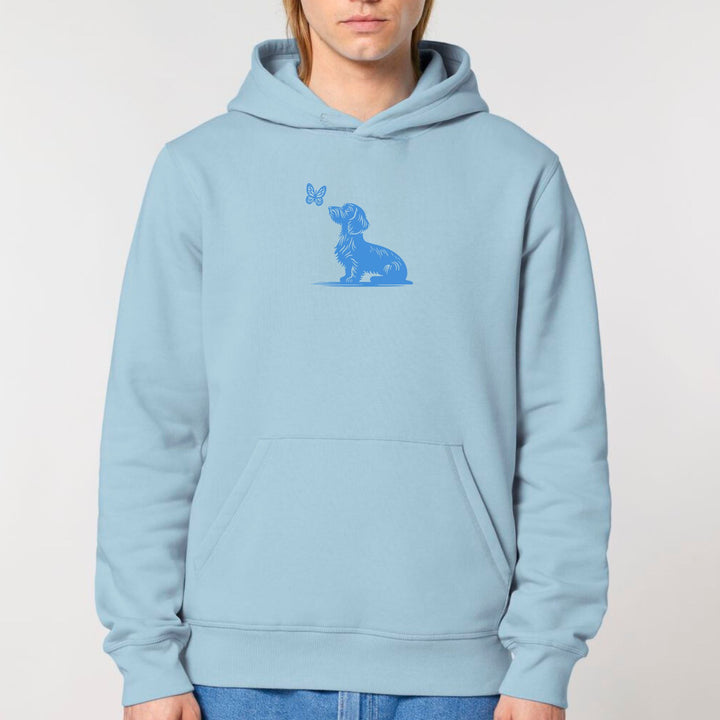 Dackel mit Schmetterling (Rauhaar) blau - Bio Unisex Hoodie