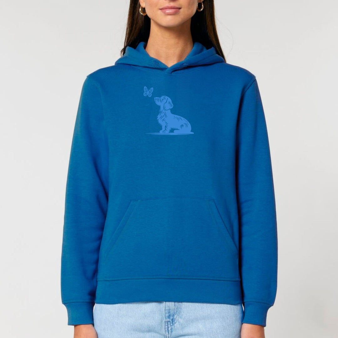 Dackel mit Schmetterling (Rauhaar) blau - Bio Unisex Hoodie