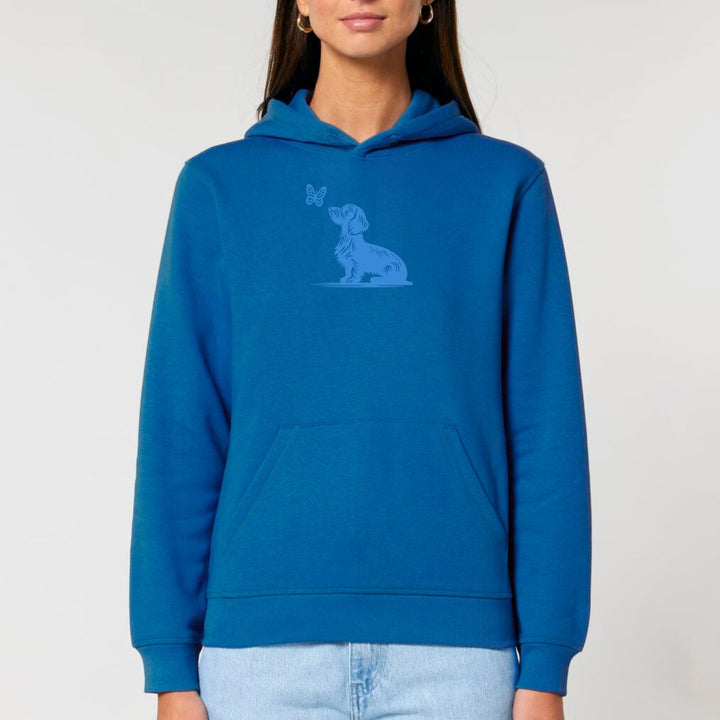 Dackel mit Schmetterling (Rauhaar) blau - Bio Unisex Hoodie