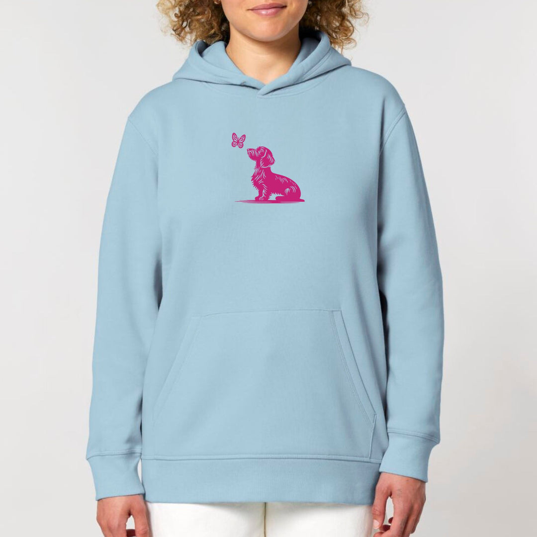 Dackelshirts Dackel mit Schmetterling (Rauhaar) pink - Bio Unisex Hoodie Sky Blue / XS