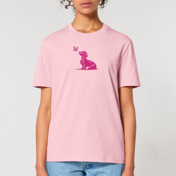 Dackel mit Schmetterling (Rauhaar) pink - Bio Unisex T-Shirt