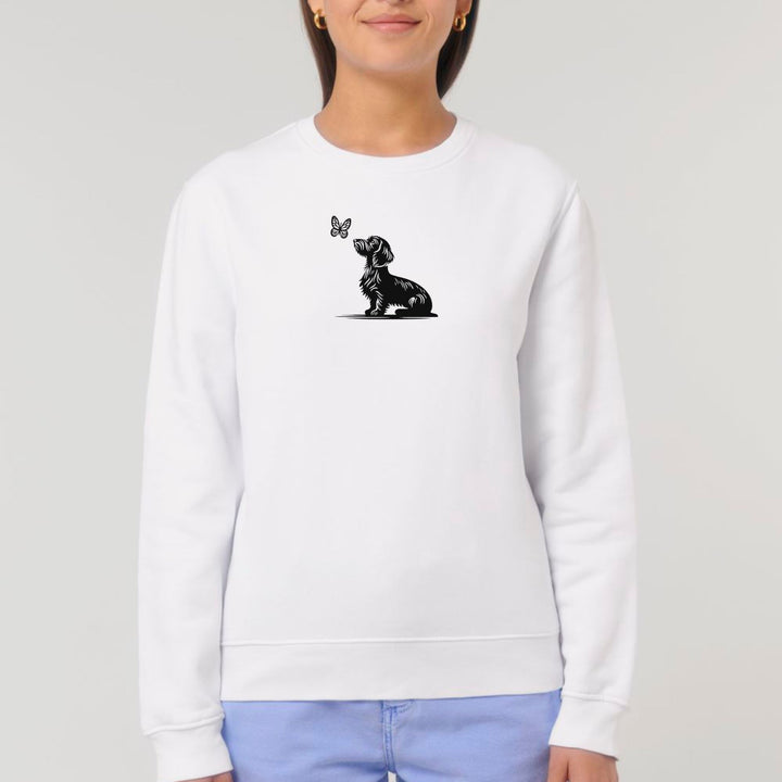 Dackel mit Schmetterling (Rauhaar) - Bio Unisex Sweatshirt